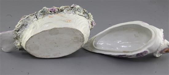 A Derby Jacobin pigeon tureen and cover, c.1760, length 22cm, restoration to tail